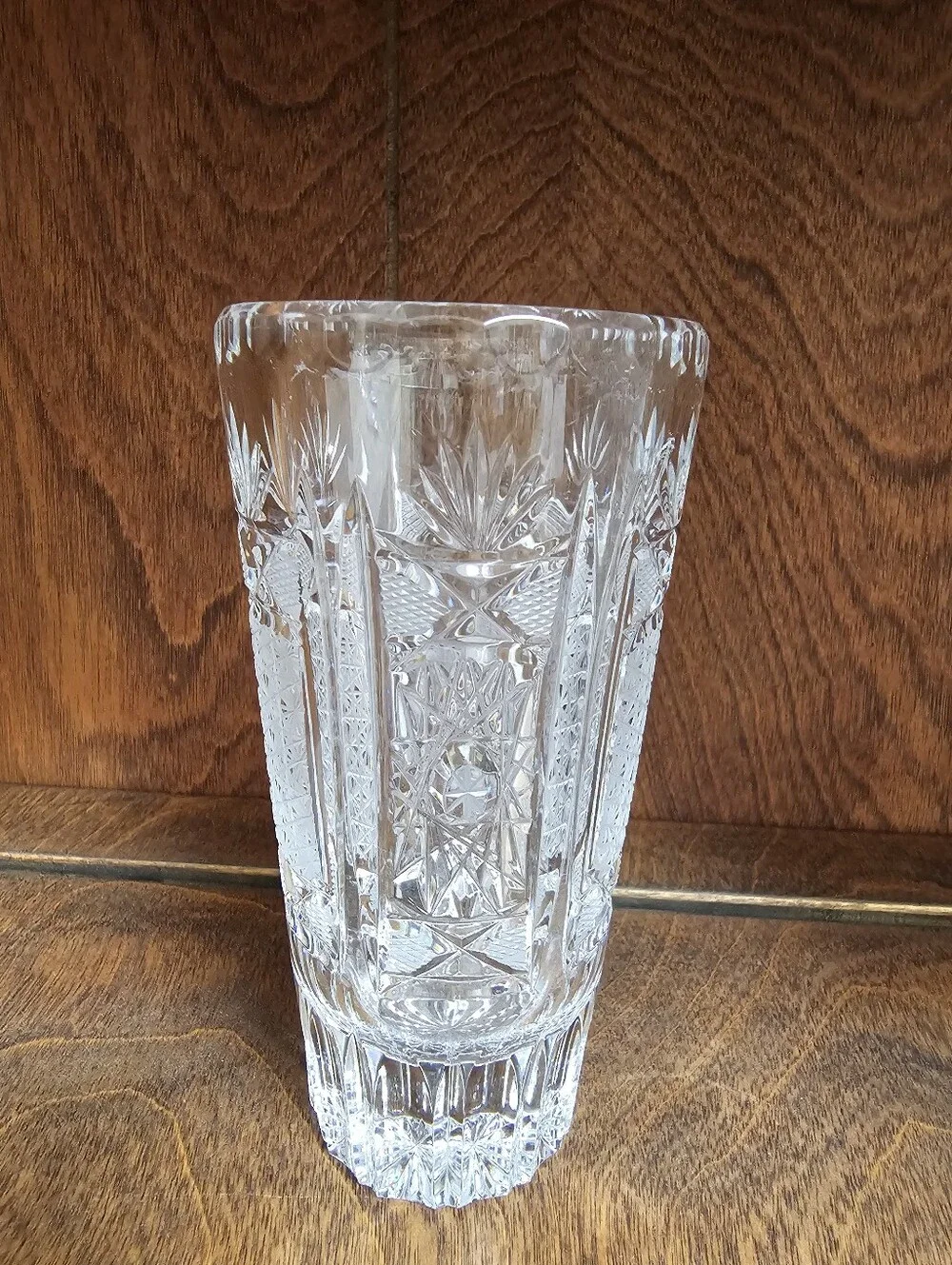 Vintage Bohemian Cut Crystal Tall Vase - Clear Glass